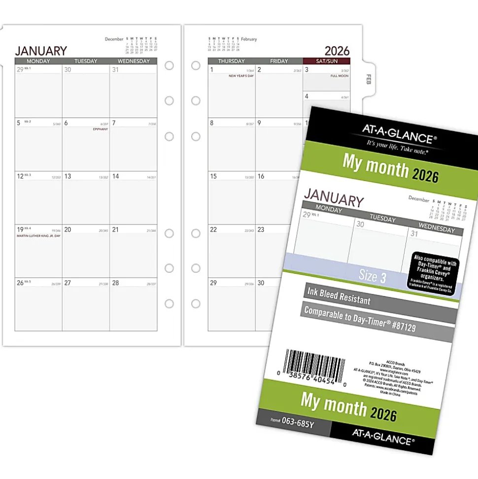 AT-A-GLANCE® 2026 Monthly Planner Refill, Loose-Leaf, Portable Size, 3 3/4" x 6 3/4"