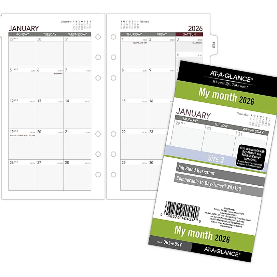 AT-A-GLANCE® 2026 Monthly Planner Refill, Loose-Leaf, Portable Size, 3 3/4" x 6 3/4"