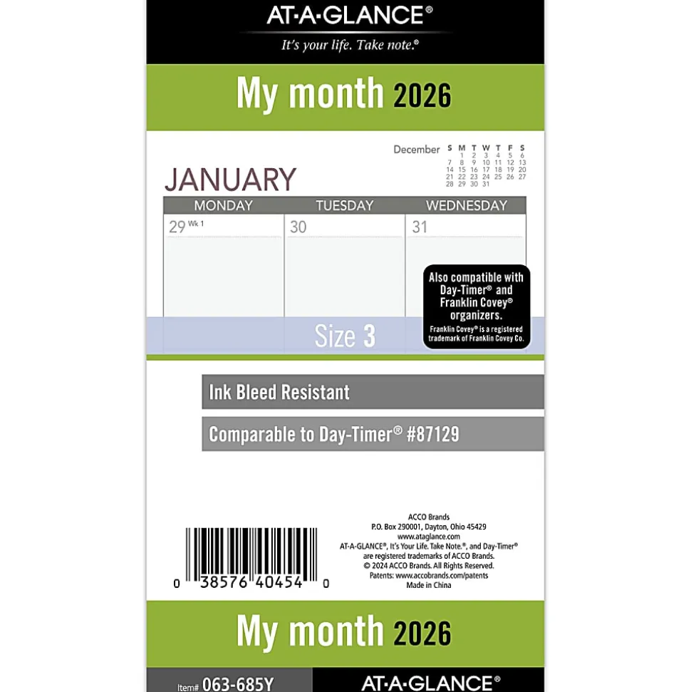 AT-A-GLANCE® 2026 Monthly Planner Refill, Loose-Leaf, Portable Size, 3 3/4" x 6 3/4"