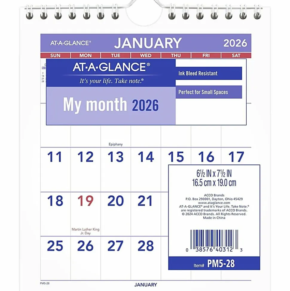 AT-A-GLANCE® 2026 Monthly Wall Calendar, Mini, 6 1/2" x 7 1/2"