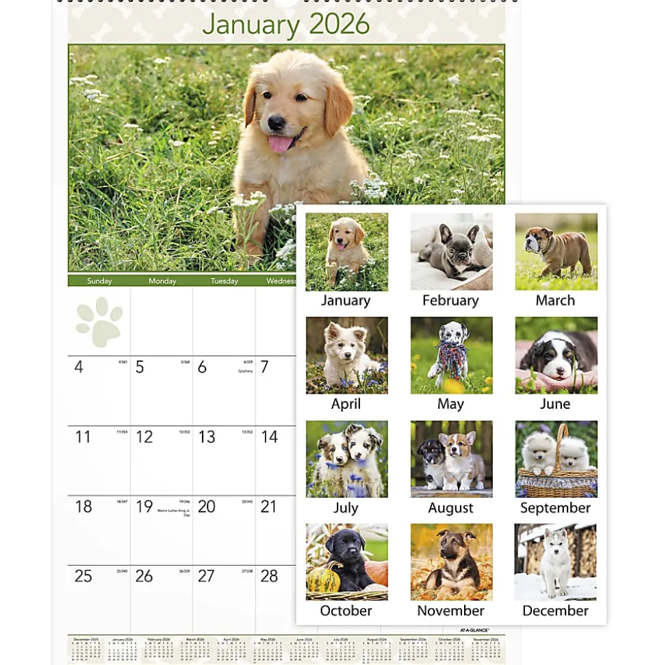 AT-A-GLANCE® 2026 Puppies Monthly Wall Calendar, Large, 15 1/2" x 22 3/4"