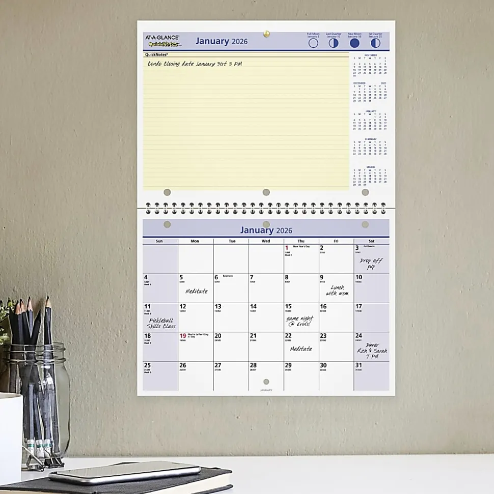 AT-A-GLANCE® QuickNotes® 2026 Monthly Desk Wall Calendar, Small, 11" x 8"