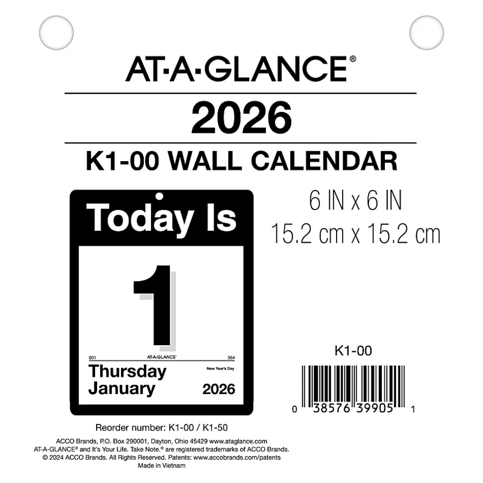 AT-A-GLANCE® 2026 “Today Is” Daily Wall Calendar Refill, Small, 6" x 6"