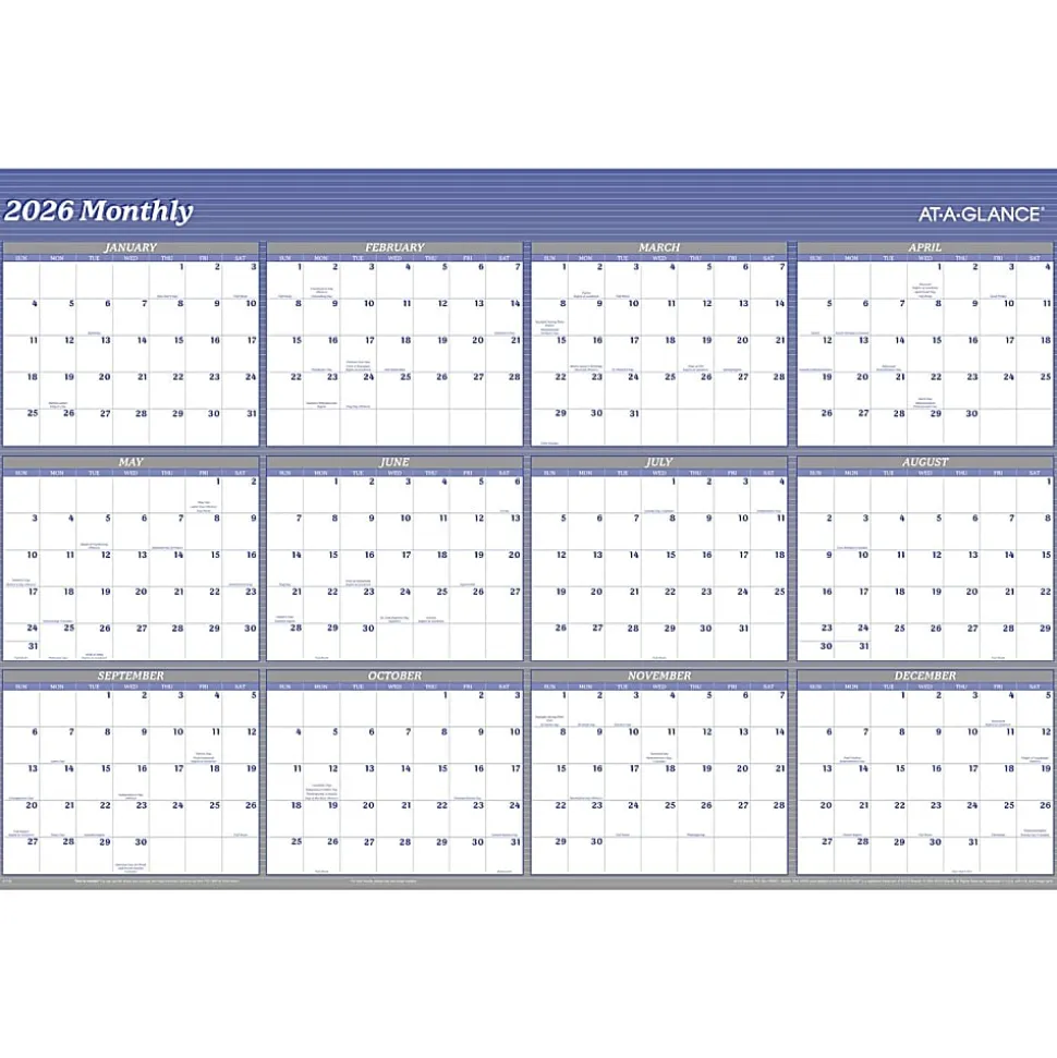 AT-A-GLANCE® 2026 Vertical Horizontal Reversible Erasable Yearly Wall Calendar, Blue, Extra Large, 48" x 32"