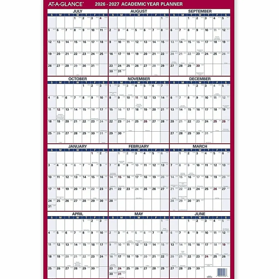 AT-A-GLANCE® Vertical Reversible Erasable Academic and Regular Year 2026-2027 Wall Calendar, Large, 36" x 24"