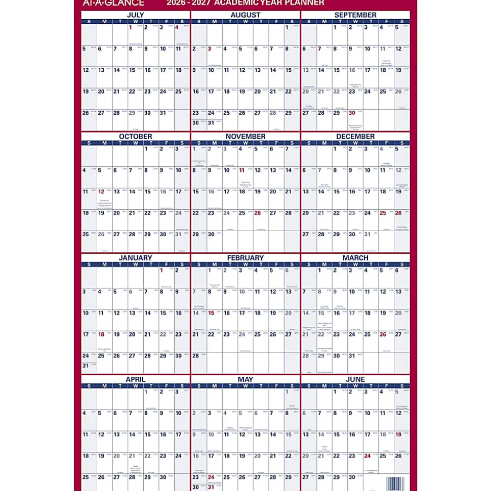 AT-A-GLANCE® Vertical Reversible Erasable Academic and Regular Year 2026-2027 Wall Calendar, Large, 36" x 24"