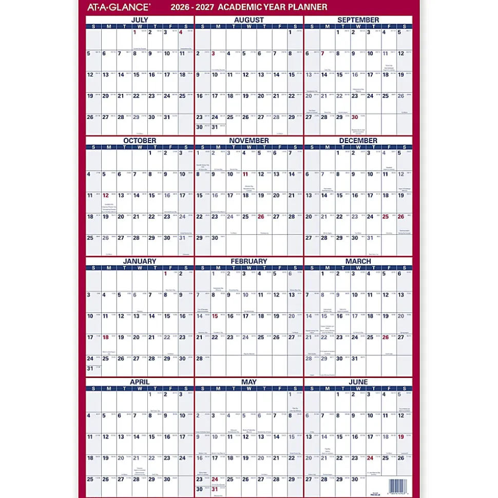 AT-A-GLANCE® Vertical Reversible Erasable Academic and Regular Year 2026-2027 Wall Calendar, Large, 36" x 24"