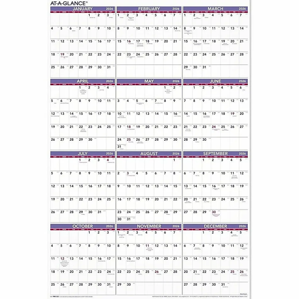 AT-A-GLANCE® 2026 Yearly Wall Calendar, Extra Large, 24" x 36"