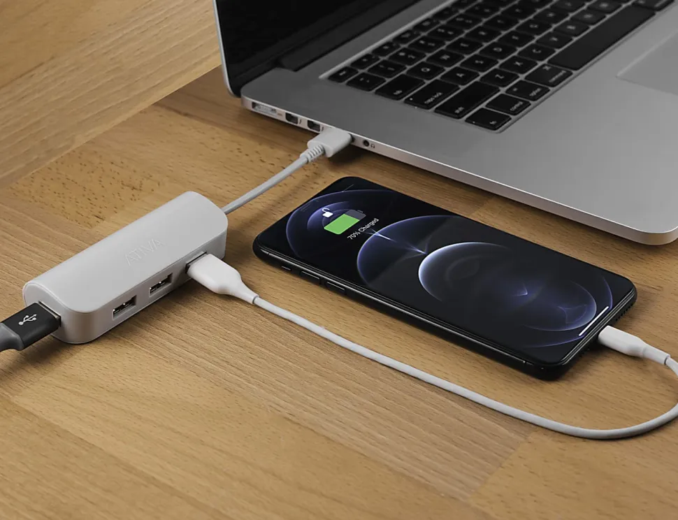 Ativa® 4-Port USB 2.0 Hub, 8.1"H x 3"W x 1.2"D, Silver, 58569