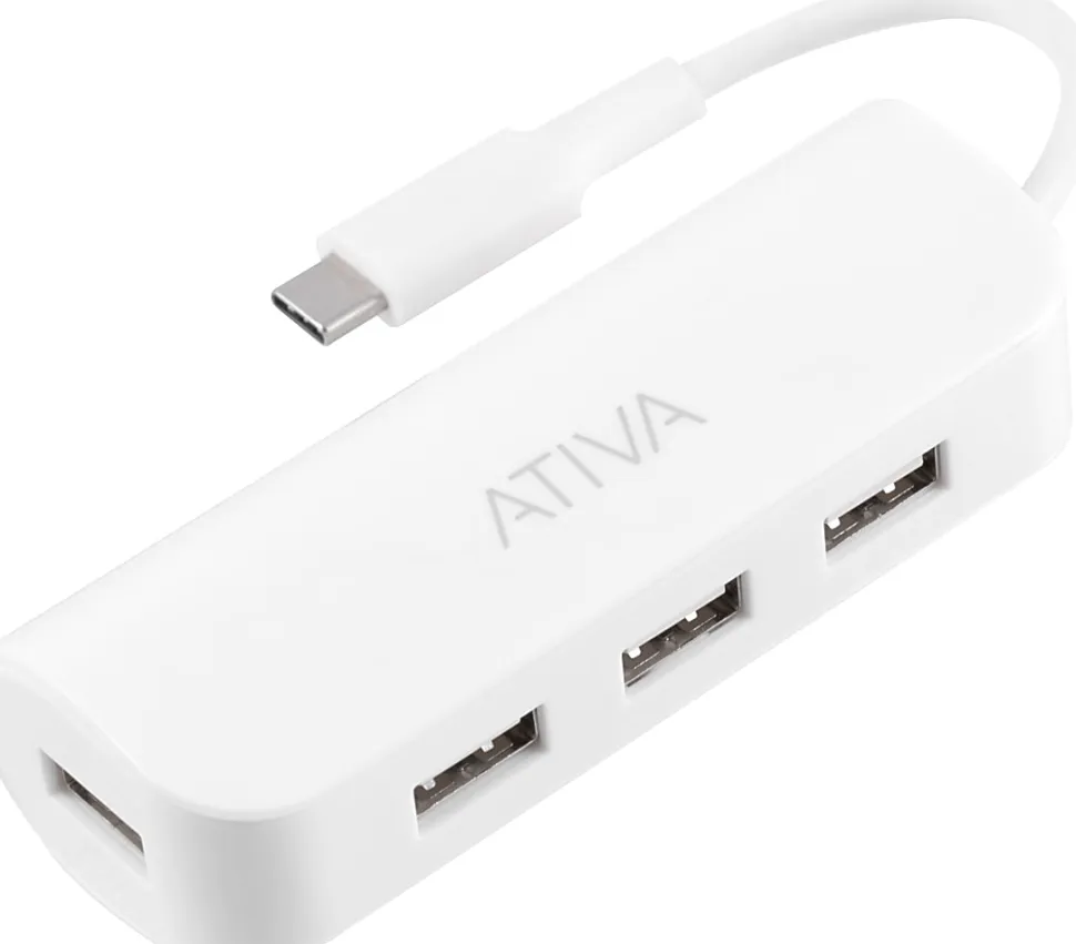 Ativa® 4-Port USB 2.0-To-USB Type-C Hub, 8.1"H x 3"W x 1.2"D, White, 58568