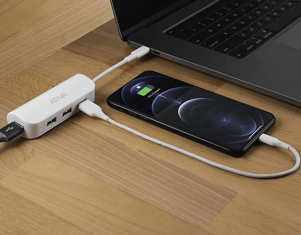Ativa® 4-Port USB 2.0-To-USB Type-C Hub, 8.1"H x 3"W x 1.2"D, White, 58568