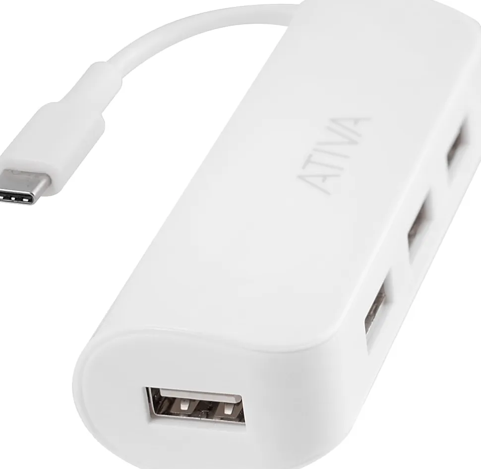 Ativa® 4-Port USB 2.0-To-USB Type-C Hub, 8.1"H x 3"W x 1.2"D, White, 58568