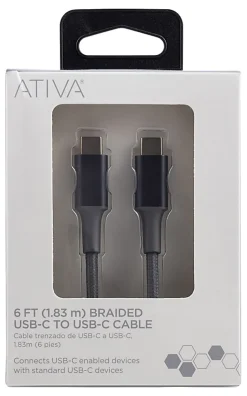 Ativa® USB-Type-C-To-USB-Type-C Premium Braided Charging Cable, 6', Gray, 45833