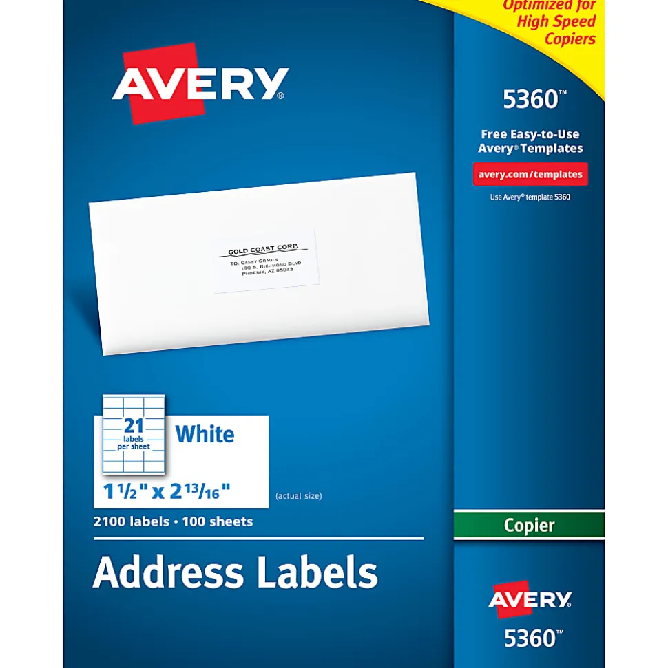 Avery® Address Labels For Copiers, 5360, Rectangle, 1" x 2-13/16", White, Pack Of 2,100