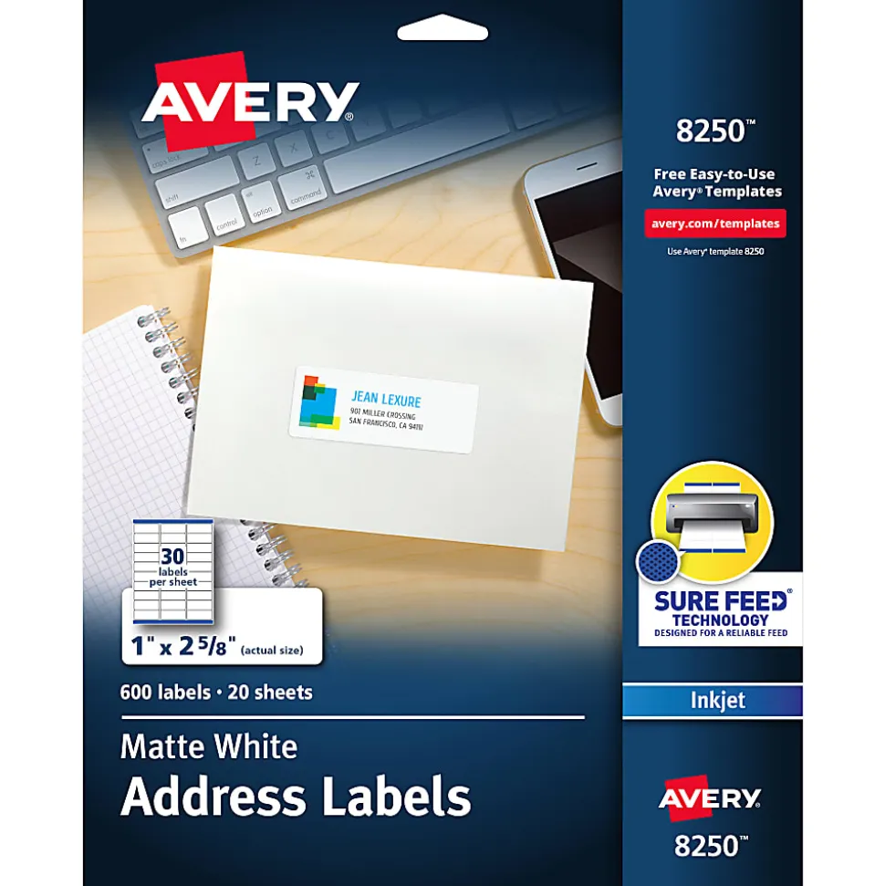 Avery® Address Labels With Sure Feed® Technology, 8250, Rectangle, 1" x 2-5/8", White, Pack Of 600 Labels