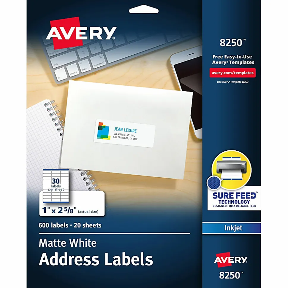 Avery® Address Labels With Sure Feed® Technology, 8250, Rectangle, 1" x 2-5/8", White, Pack Of 600 Labels