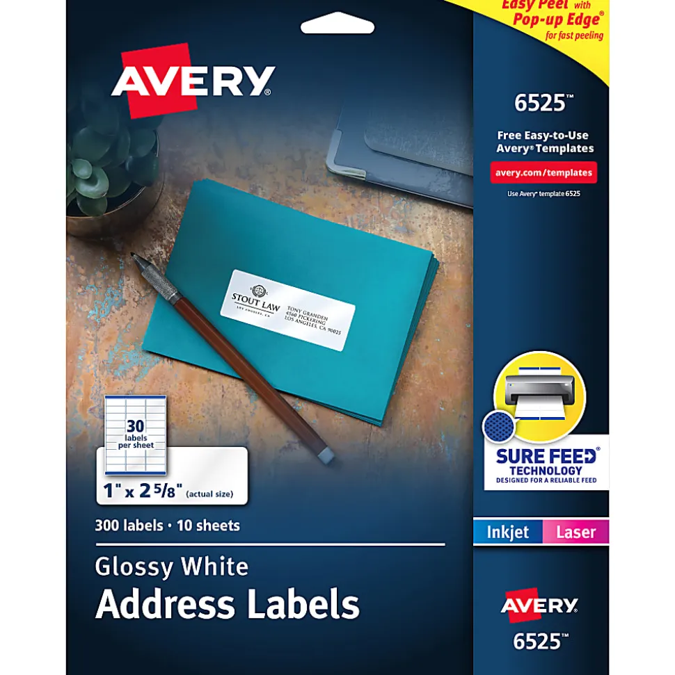 Avery® Address Labels With Sure Feed® And Easy Peel® Technology, 6525, Rectangle, 1" x 2-5/8", Glossy White, Pack Of 300