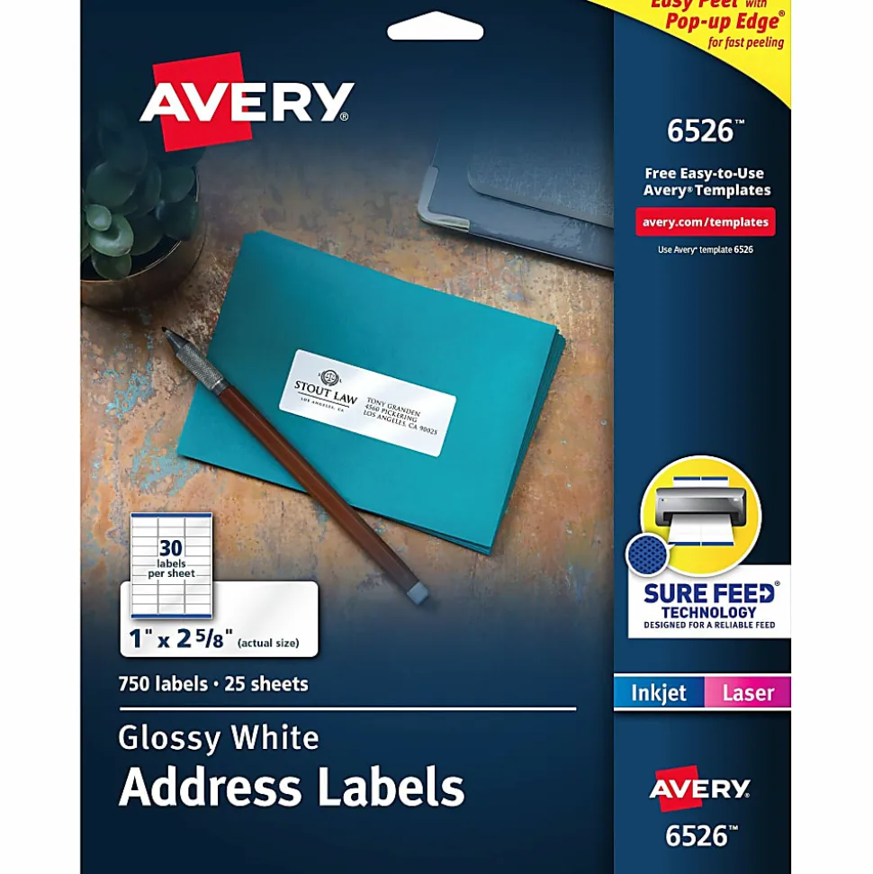 Avery® Address Labels With Sure Feed® And Easy Peel® Technology, 6526, Rectangle, 1" x 2-5/8", Glossy White, Pack Of 750