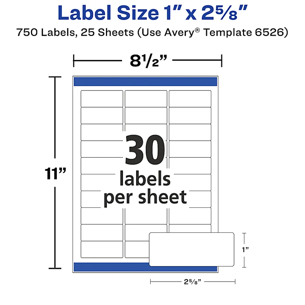 Avery® Address Labels With Sure Feed® And Easy Peel® Technology, 6526, Rectangle, 1" x 2-5/8", Glossy White, Pack Of 750