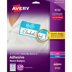 Avery® Adhesive Name Badges, Hello My Name Is, 2 1/3" x 3 3/8", 8722,  Assorted Colors, Pack Of 120 Badges