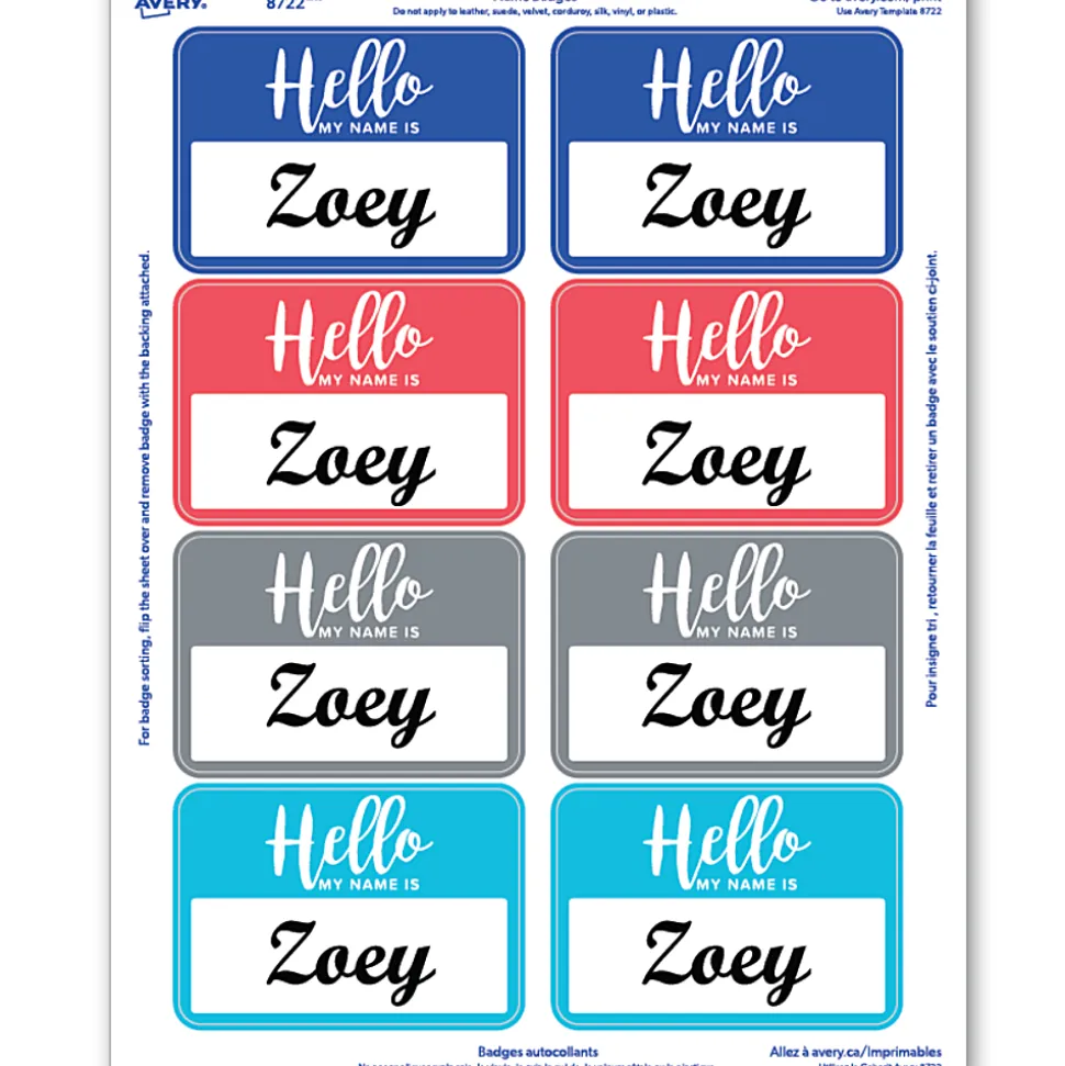 Avery® Adhesive Name Badges, Hello My Name Is, 2 1/3" x 3 3/8", 8722, Assorted Colors, Pack Of 120 Badges