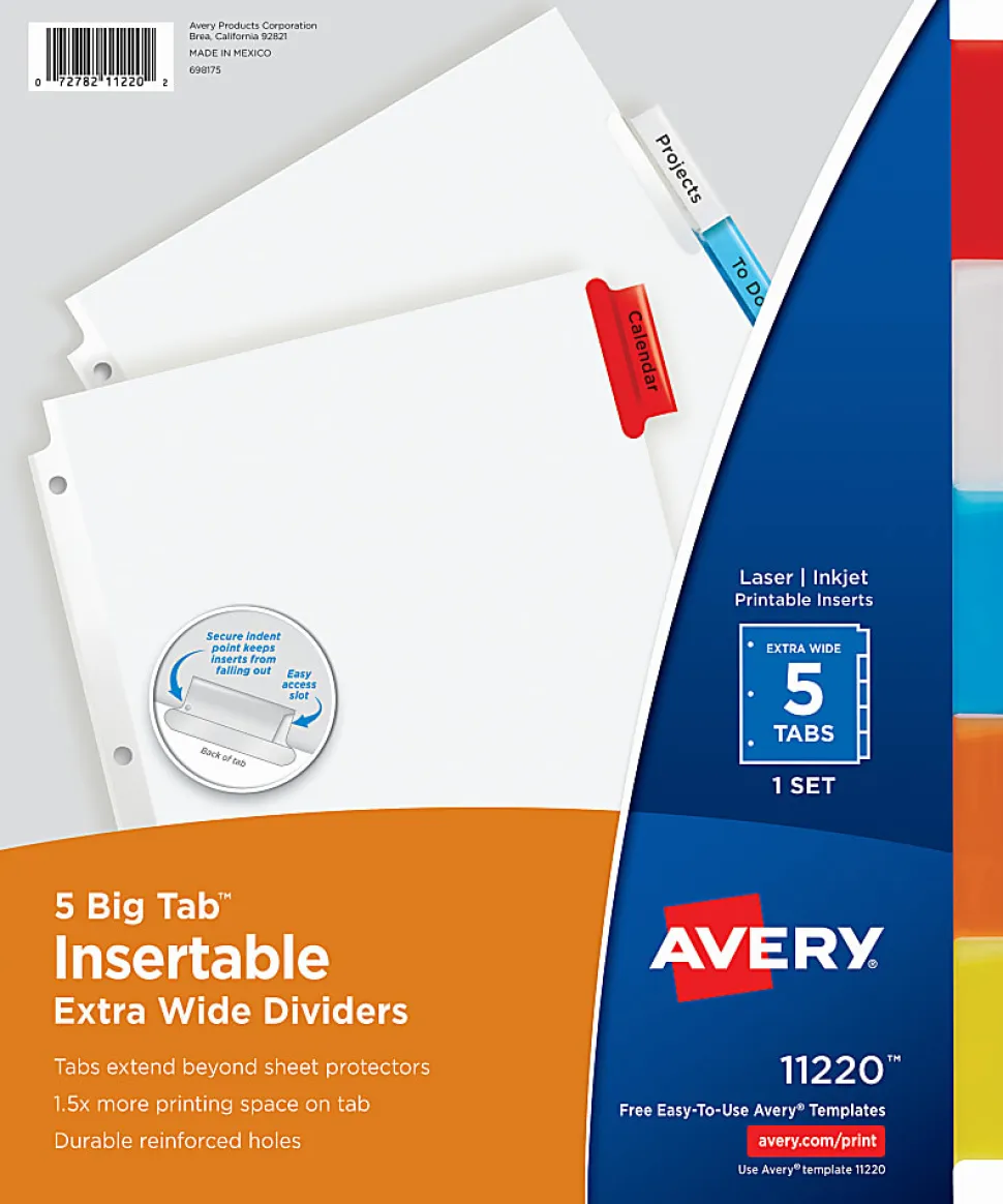 Avery® Big Tab™ Extra-Wide Insertable Dividers, 9-1/4" x 11-1/8", Clear Reinforced, White/Multicolor, 5-Tab