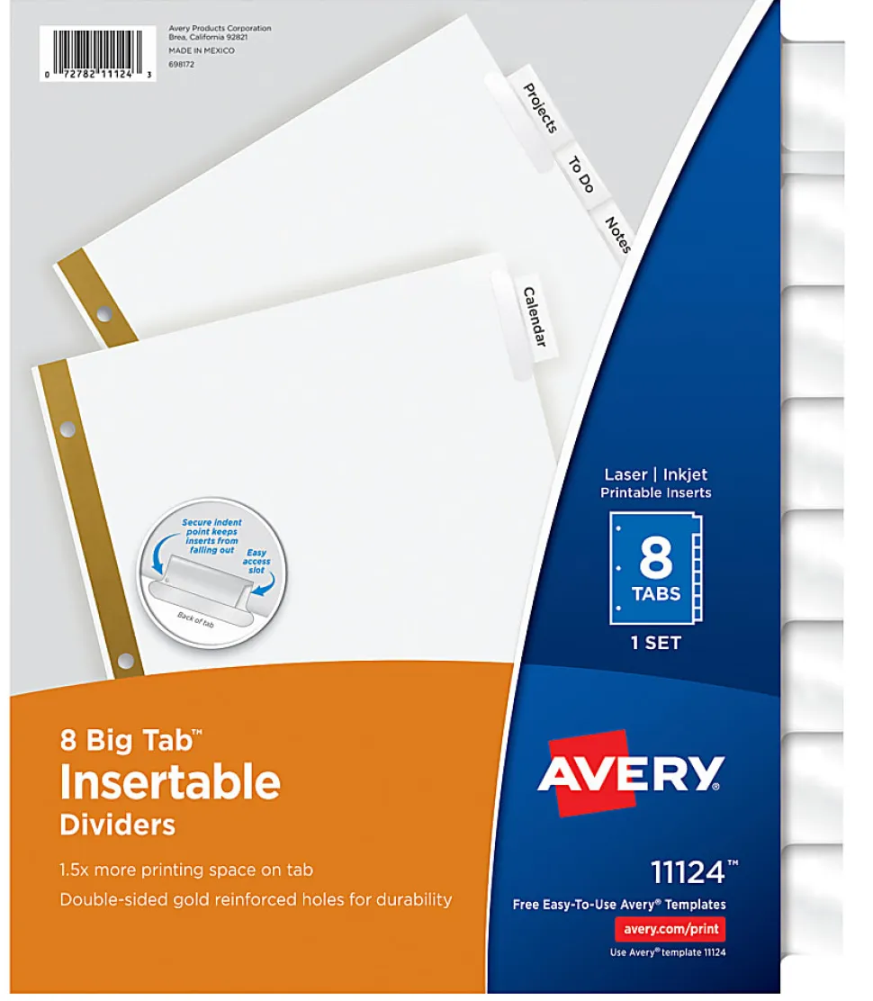 Avery® Big Tab™ Insertable Dividers Gold Reinforced Edge, White/Clear, 8-Tab