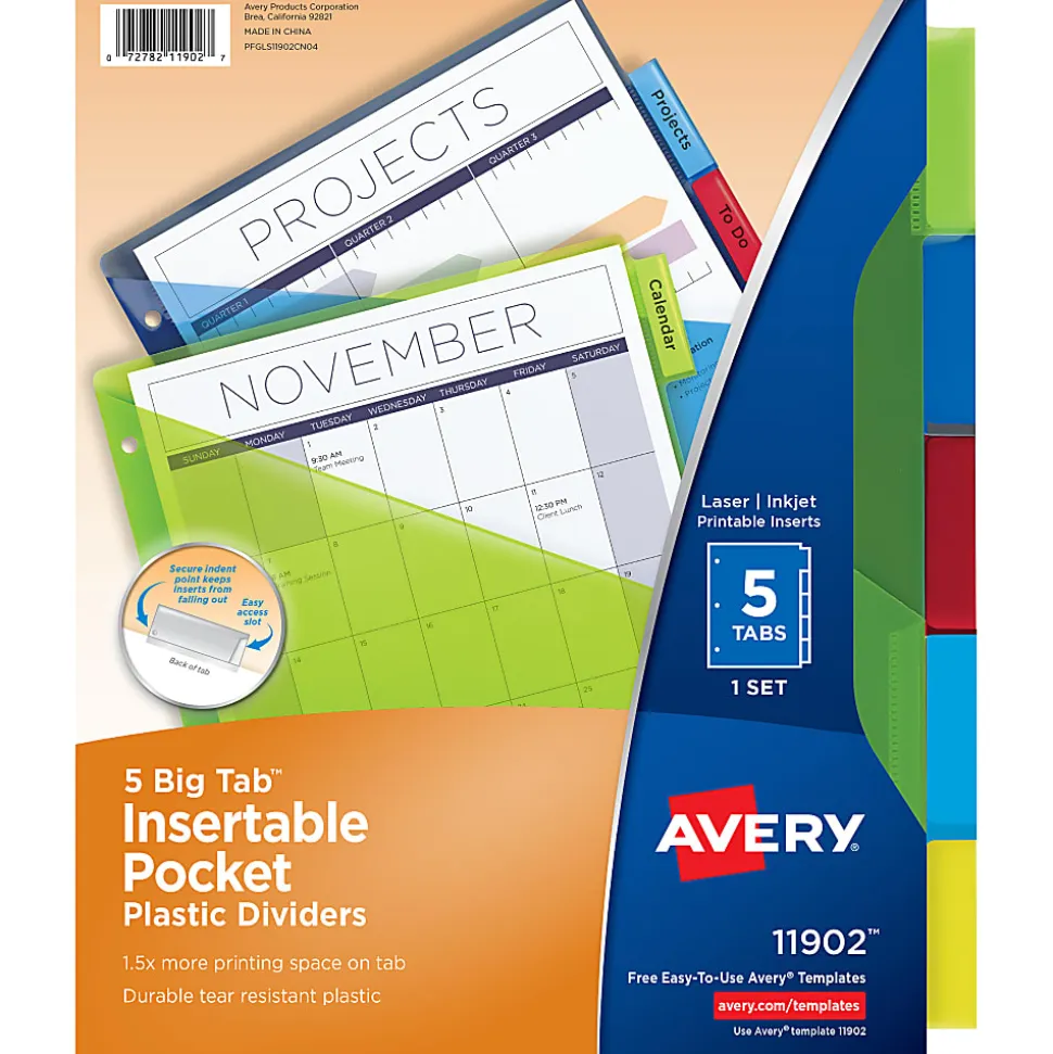 Avery® Big Tab™ Insertable Plastic Dividers, Single Pocket, Multicolor, 5-Tab