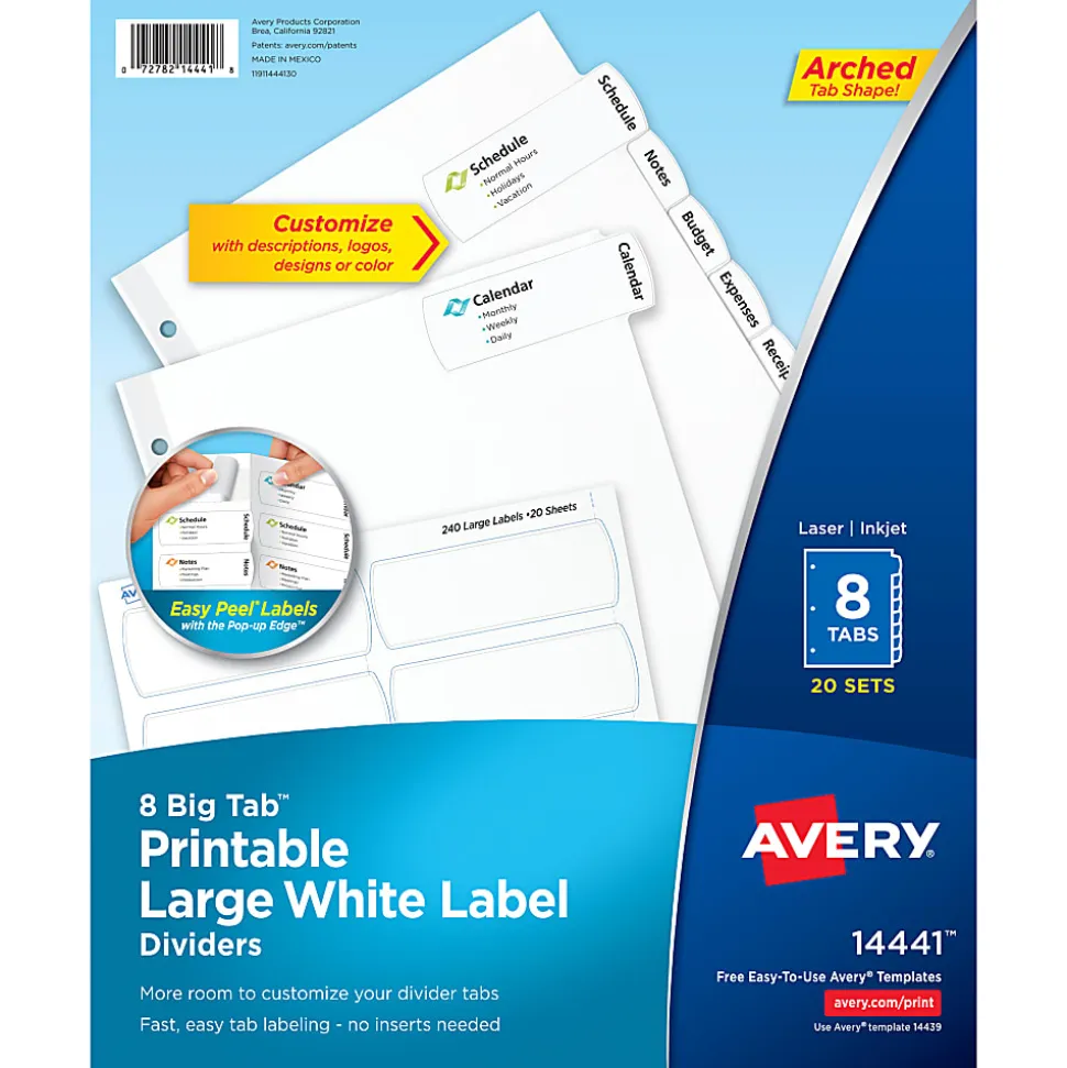 Avery® Big Tab™ Printable Large Label Dividers, Easy Peel®, White, 8-Tab, Pack Of 20 Sets