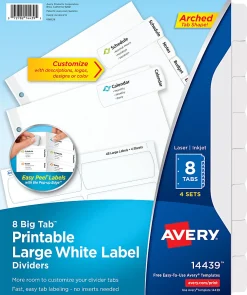 Avery® Big Tab™ Printable Large Label Dividers With Easy Peel®, 8 1/2" x 11", 8 Tab, White, Pack Of 4