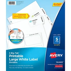 Avery® Big Tab™ Printable Large Label Dividers, Easy Peel®, White, 5 Tabs, Pack Of 20 Sets