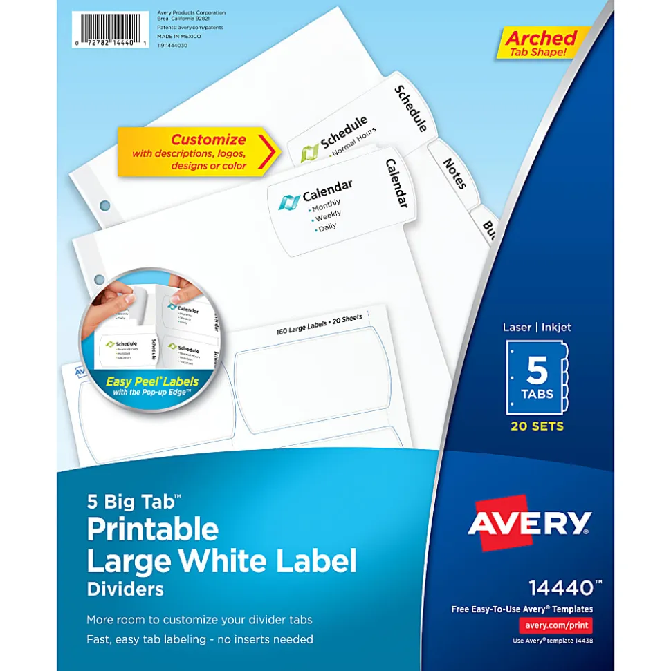 Avery® Big Tab™ Printable Large Label Dividers, Easy Peel®, White, 5 Tabs, Pack Of 20 Sets