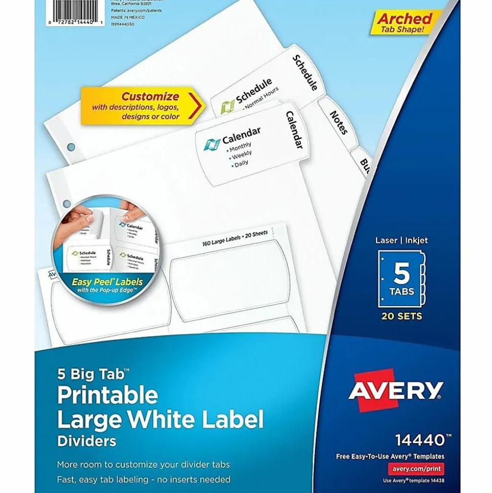 Avery® Big Tab™ Printable Large Label Dividers, Easy Peel®, White, 5 Tabs, Pack Of 20 Sets