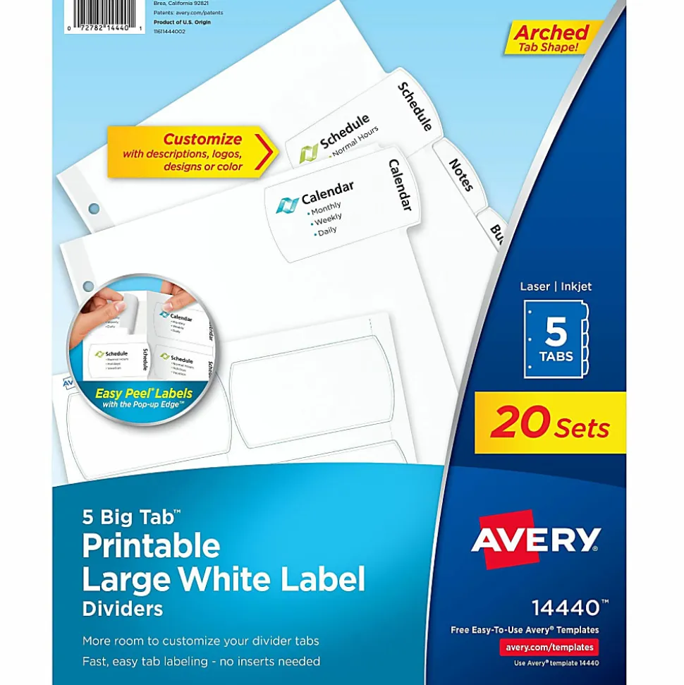 Avery® Big Tab™ Printable Large Label Dividers, Easy Peel®, White, 5 Tabs, Pack Of 20 Sets