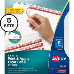 Avery® Big Tab™ Print & Apply Clear Label Dividers with Index Maker® Easy Apply™ Printable Label Strip, 8-Tab, White, Pack of 5 Sets