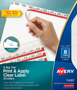 Avery® Big Tab™ Print & Apply Clear Label Dividers with Index Maker® Easy Apply™ Printable Label Strip, 8-Tab, White, Pack of 5 Sets