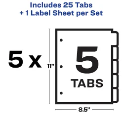 Avery® Big Tab™ Print & Apply Clear Label Dividers with Index Maker® Easy Apply™ Printable Label Strip, 5-Tab, White, Pack of 5 Sets