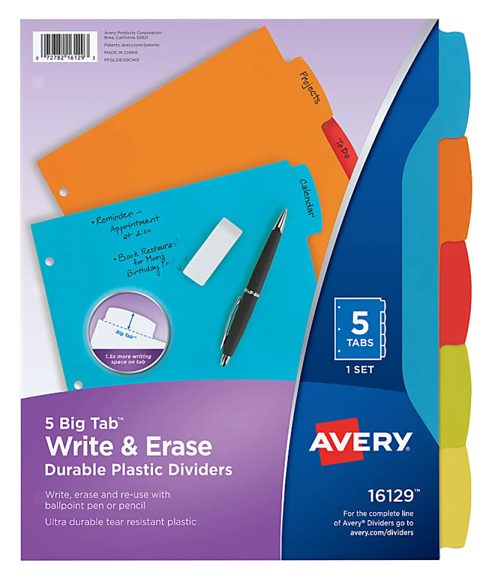 Avery® Big Tab™ Write & Erase Durable Plastic Dividers, 8 1/2" x 11", Multicolor Brights, 5-Tab