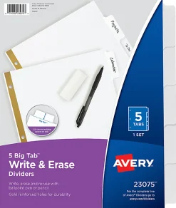 Avery® Big Tab™ Write-On Tab Dividers With Erasable Laminated Tabs, 5-Tab, White