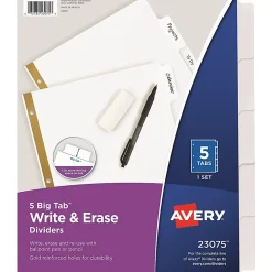 Avery® Big Tab™ Write-On Tab Dividers With Erasable Laminated Tabs, 5-Tab, White
