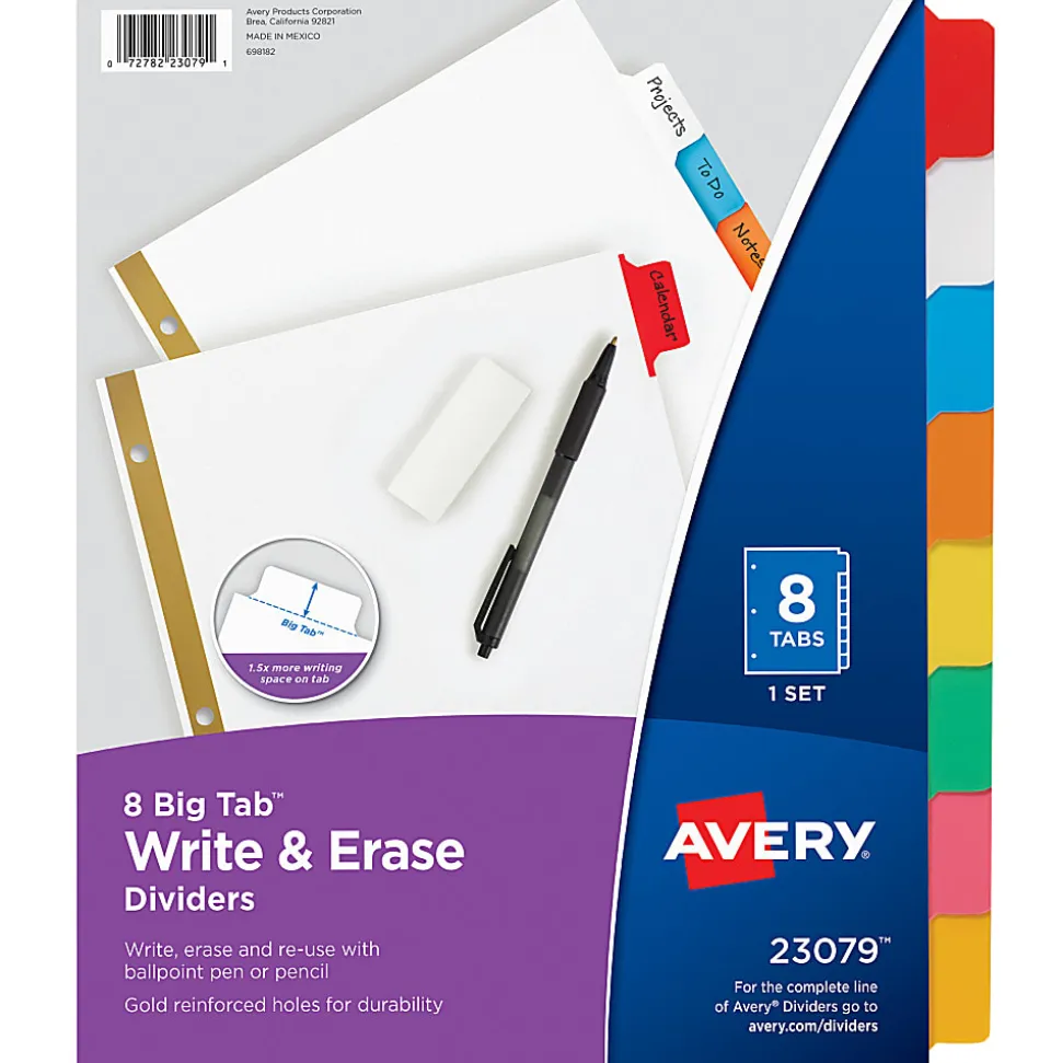 Avery® Big Tab™ Write-On Tab Dividers With Erasable Laminated Tabs, 8-Tab, Multicolor