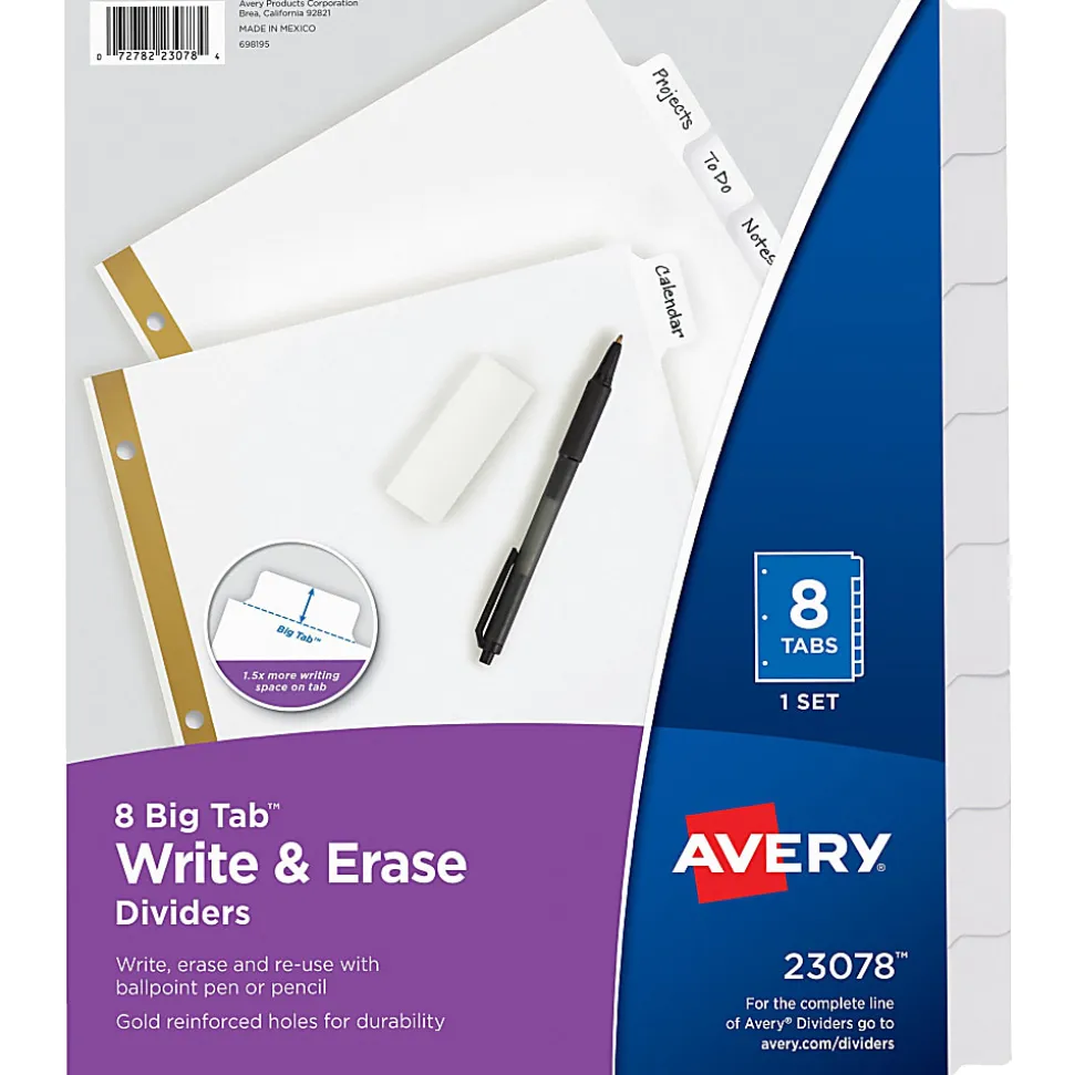 Avery® Big Tab™ Write-On Tab Dividers With Erasable Laminated Tabs, 8-Tab, White