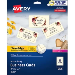 Avery® Clean Edge® Printable Business Cards With Sure Feed® Technology For Laser Printers, 2" x 3.5", Ivory, 200 Blank Cards