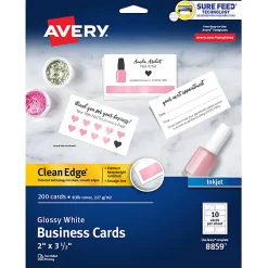 Avery® Clean Edge® Printable Business Cards With Sure Feed® Technology For Laser And Inkjet Printers, 2" x 3-1/2", Glossy White, 200 Blank Cards