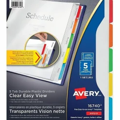 Avery® Clear Easy View Durable Plastic Dividers For 3 Ring Binders, 8-1/2" x 11", 5-Tab, Bright Multicolor, 1 Set