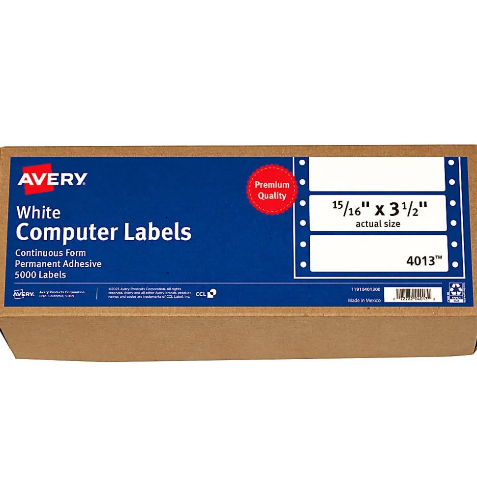 Avery® Continuous Form Permanent Address Labels, 4013, Rectangle, 3 1/2" x 15/16", White, Pack Of 5,000