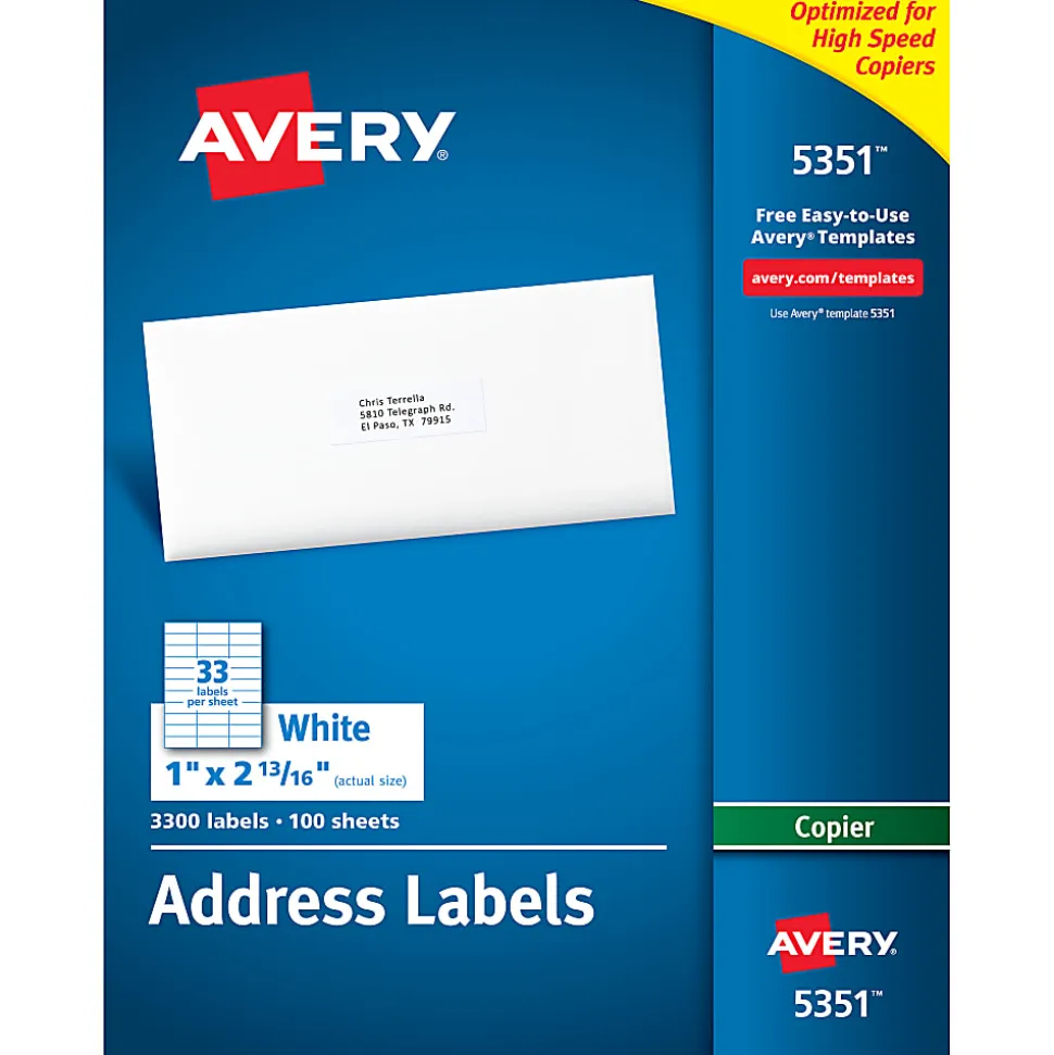 Avery® Copier Permanent Address Labels, 5351, 1" x 2 13/16", White, Pack Of 3,300