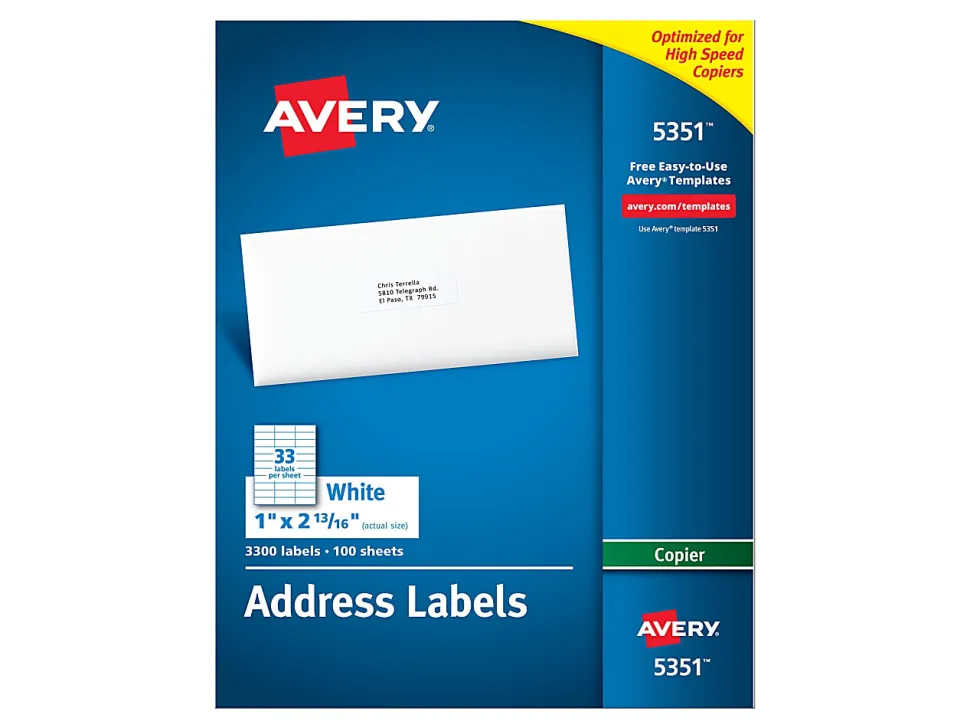 Avery® Copier Permanent Address Labels, 5351, 1" x 2 13/16", White, Pack Of 3,300