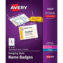 Avery® Customizable Hanging Name Badges, Rectangle, 74459, 3" x 4", Clear Holders With White Inserts, Box Of 100