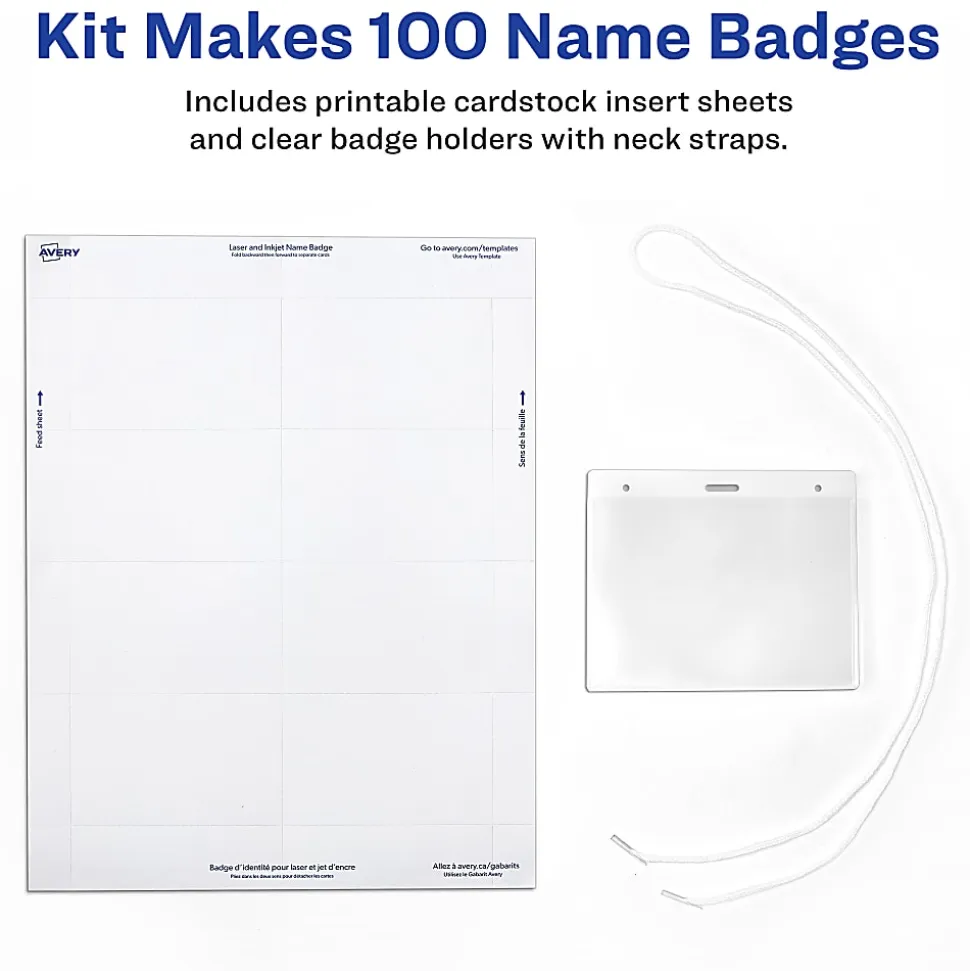 Avery® Customizable Hanging Name Badges, Rectangle, 74459, 3" x 4", Clear Holders With White Inserts, Box Of 100